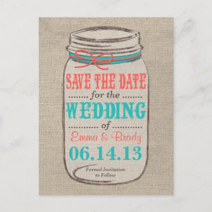 Rustieke Burlap & Mason Jar Save the Date - Koraal Aankondigingskaart