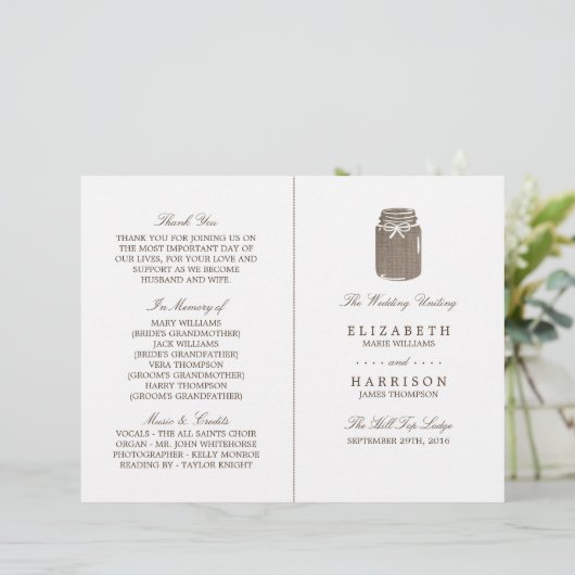 Rustieke Burlap Mason Jar Trouwprogramma (Staand voorkant)