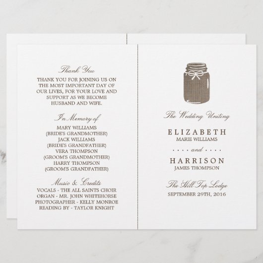Rustieke Burlap Mason Jar Trouwprogramma (Voorkant / Achterkant)
