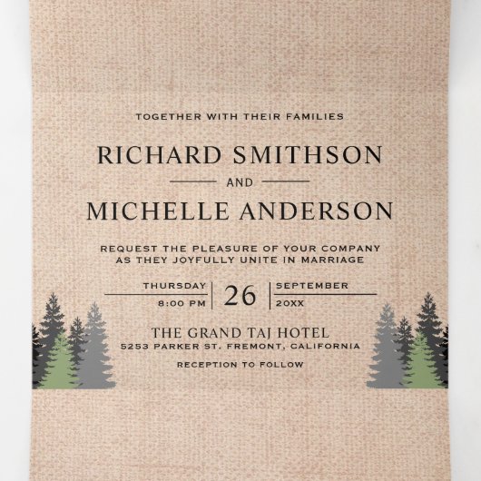 Rustieke Burlap Mountain Forest String Light Weddi Drieluik Uitnodiging (Binnenkant midden)