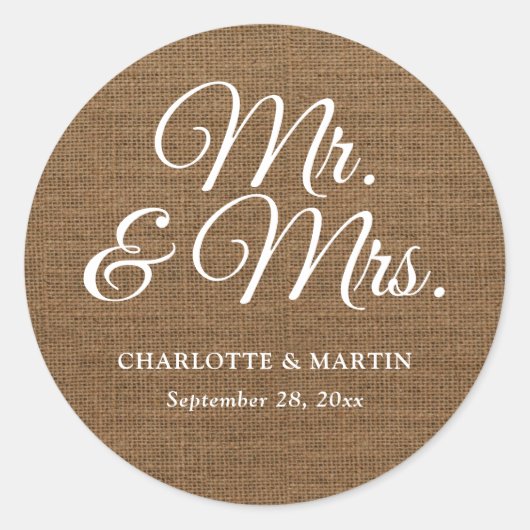 Rustieke Burlap Mr en Mrs Wedding Ronde Sticker (Voorkant)
