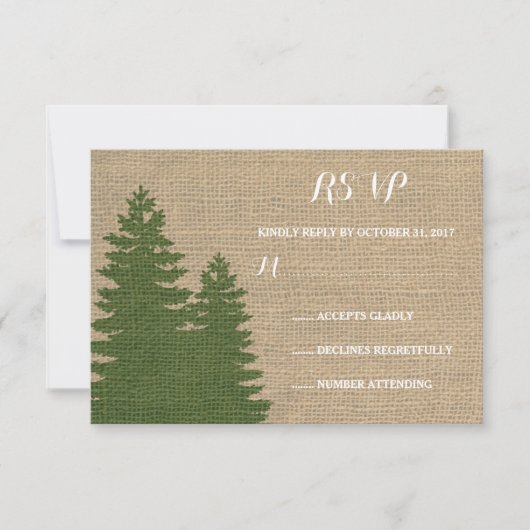 Rustieke Burlap Pine Bomen Winter Bruiloft RSVP (Voorkant)