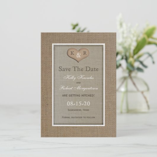 Rustieke Burlap Save the Date Uitnodiging (Staand voorkant)