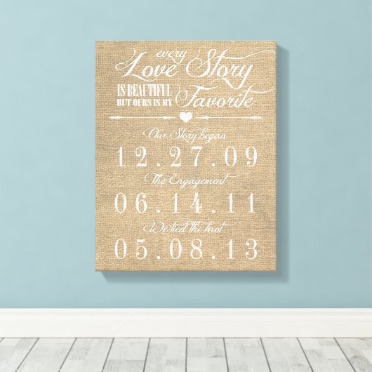 Rustieke Burlap Story Bruiloft Datum Canvas (Insitu (Houten vloer))