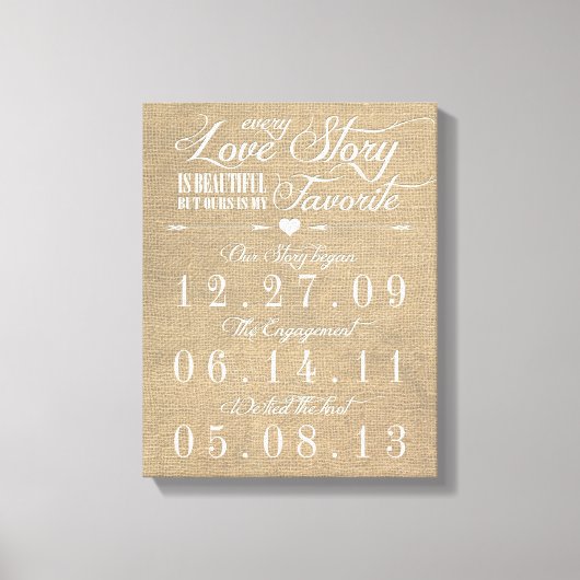 Rustieke Burlap Story Bruiloft Datum Canvas (Voorkant)