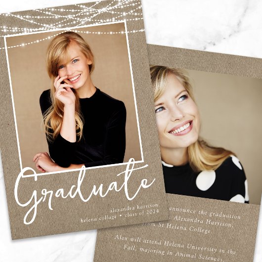 Rustieke Burlap String Lights Foto Afstuderen Aankondiging