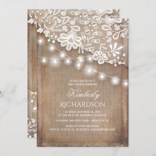 Rustieke Burlap String Lights Kant Baby shower Kaart (Voorkant / Achterkant)