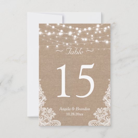 Rustieke Burlap String Lights Kant Tafelnummer (Achterkant)