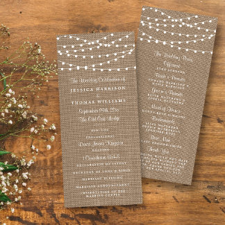 Rustieke Burlap String Lights Trouwprogramma Reclamekaart