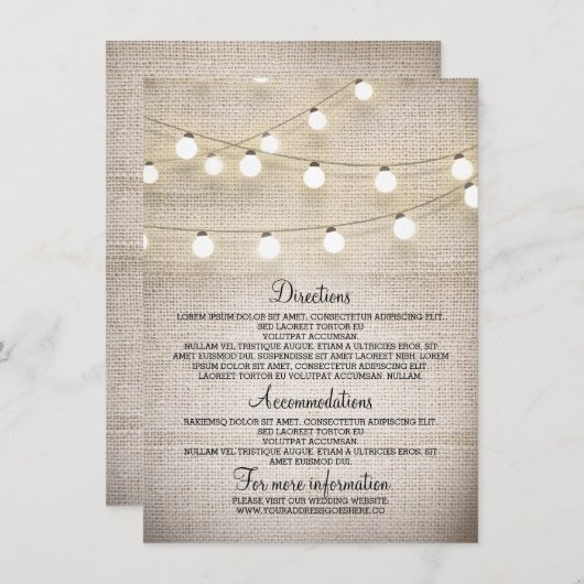 Rustieke Burlap String Lights Wedding Details Kaar Informatiekaartje (Voorkant / Achterkant)
