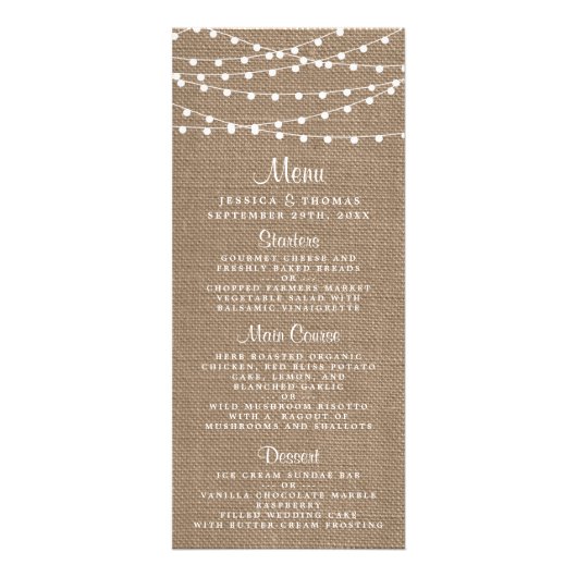 Rustieke Burlap String Lights Wedding Menu (Voorkant)
