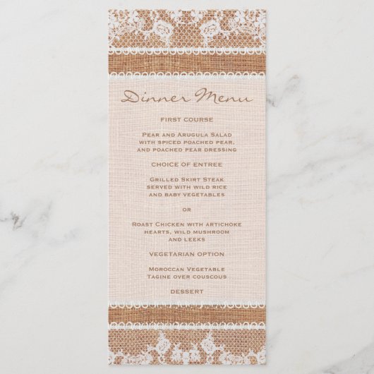 Rustieke Burlap & White Lace Slim Dinner Menu (Voorkant)