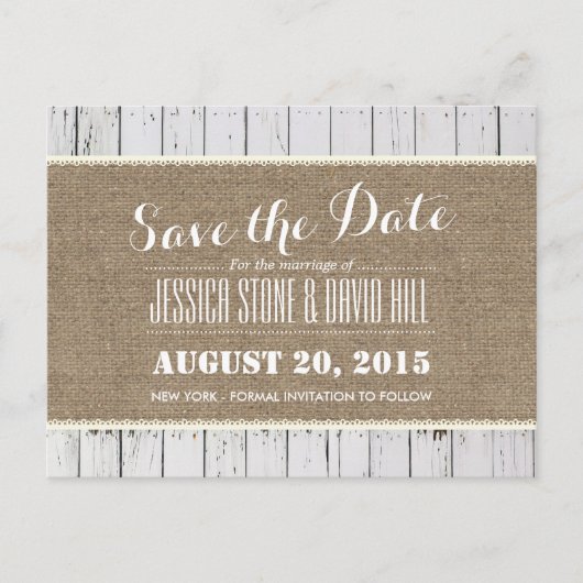 Rustieke Burlap & Wood Stripes Wedding Save the Da Aankondigingskaart (Voorkant)