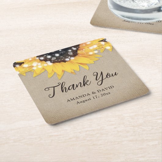 Rustieke Burlap Zonnebloem bruiloft Dank u wel Vierkante Kartonnen Onderzetter (Schuin)