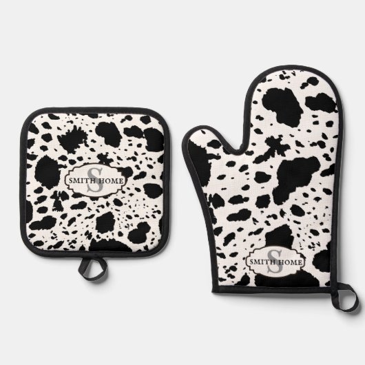 Rustieke Cabin Koeienhuid Print Gezellige Boerderi Ovenwant & Pannenlap Set (Voorkant)