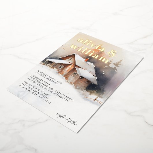 Rustieke Cabine Waterverf Winterbruiloft Folie Uitnodiging (Gedraaid)