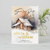 Rustieke Cabine Winter Bruiloft Save The Date Folie Uitnodiging (Staand Voorkant)
