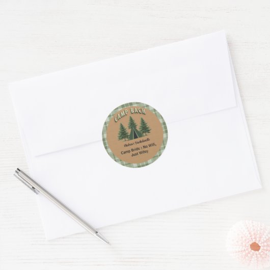 Rustieke Camp Bach Plaid, Evergreen Tent Custom Te Ronde Sticker (Envelop)