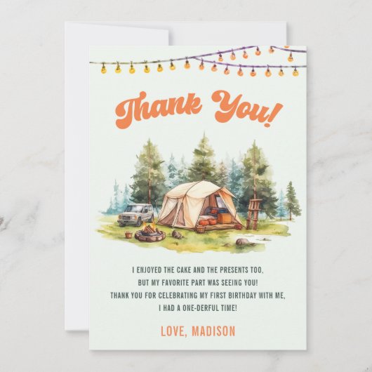 Rustieke Camping Verjaardagsfeest Dank u kaart (Voorkant)