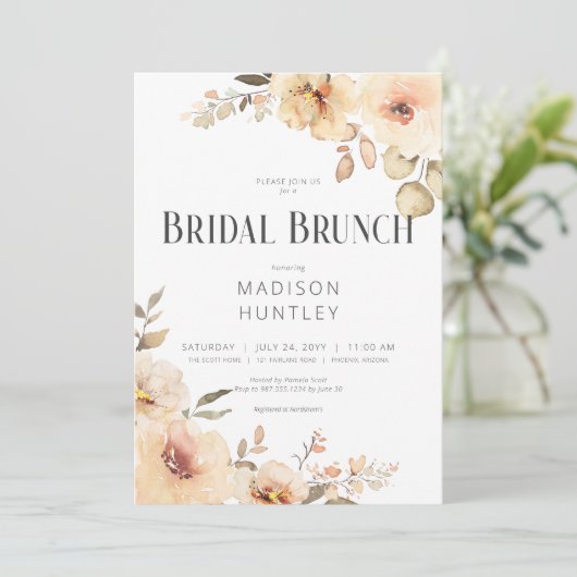 Rustieke Champagne Cream Bloemen Bruids Brunch Kaart (Staand voorkant)