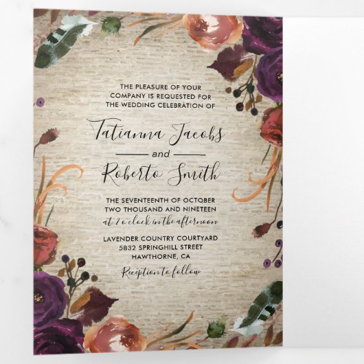 Rustieke Chateau Bloemen Alles in één bruiloft Drieluik Uitnodiging (Binnenzijde eerst)