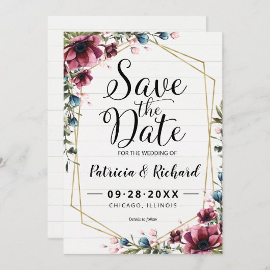 Rustieke chic bordeaux bloemrijke trouwkaart Save (Voorkant / Achterkant)