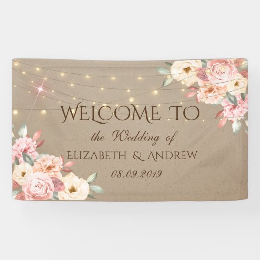 Rustieke Chic Lichtslingers Bloemen Huwelijksbanne Spandoek (Horizontaal)