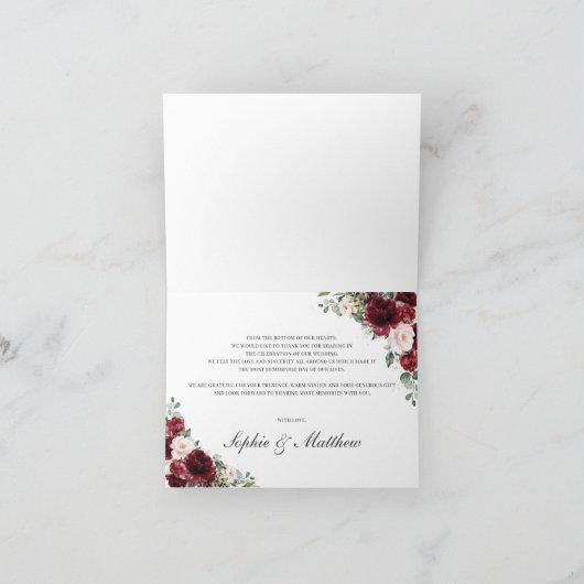 Rustieke chique bordeaux bloemenbruiloft bruids bedankkaart (Binnen)