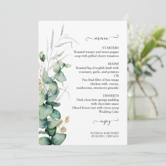 Rustieke chique groen bruiloft menu Kaart (Staand voorkant)