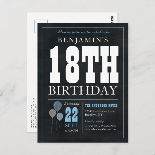 Rustieke chique krijtbord blauwe ballon 18e verjaa briefkaart (Voorkant / Achterkant)