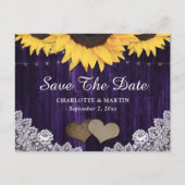 Rustieke chique zonnebloem Paarse bruiloft Save th Aankondigingskaart (Voorkant)