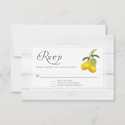 Rustieke Citroen Bloemige Gele Witte Hout RSVP Kaartje (Voorkant)