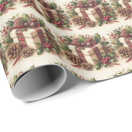 Rustieke Coquette Plaid Bow Holly Pinecone Kerstmi Cadeaupapier (Rol Hoek)