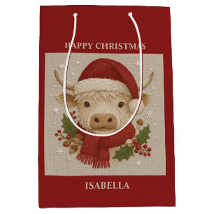 Rustieke cottagecore Highland Koe met Santa Hat Medium Cadeauzakje