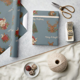 Rustieke CottageCore Vrolijke Kerstdieren & Cacao Cadeaupapier
