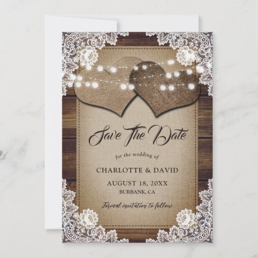 Rustieke Country Burlap Hearts Elegante kant bruil Save The Date (Voorkant)