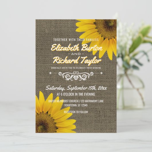 Rustieke Country Burlap Zonnebloemen Bloemen Huwel Kaart (Staand voorkant)