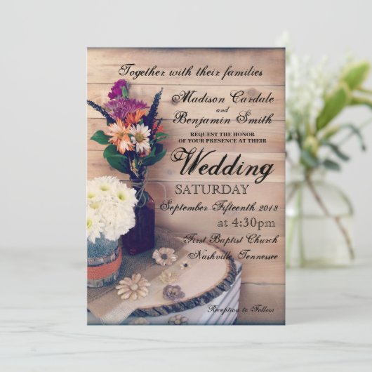 Rustieke Country Hout en Bloemen Huwelijksuitnodig Kaart (Staand voorkant)