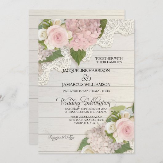 Rustieke Country Lace Wood op Roze Hydrangeas brui Kaart (Voorkant / Achterkant)
