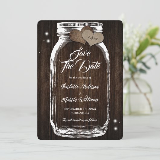 Rustieke Country Mason Jar Wood bruiloft Save The Date (Staand voorkant)