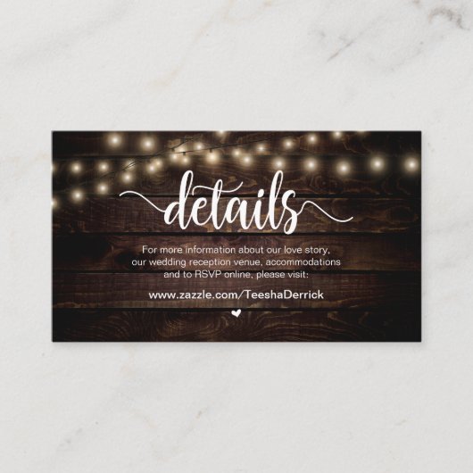 Rustieke Country String Lights, Wedding Details Informatiekaartje (Voorkant)
