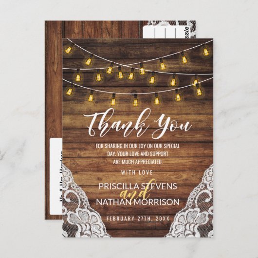 Rustieke Country String Lights Wood Lace Dank u Briefkaart (Voorkant / Achterkant)
