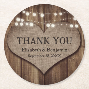 Rustieke Country Wood Burlap Heart Wedding Dank u Ronde Kartonnen Onderzetter