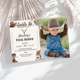 Rustieke cowboy eerste rodeo 1e verjaardag foto kaart