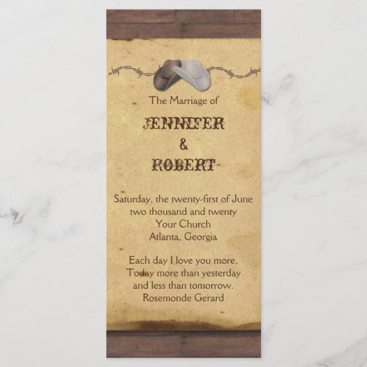 Rustieke Cowboy Petten Prikkeldraad Trouwprogramma Programma (Voorkant)