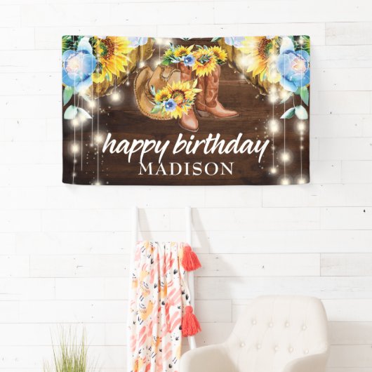 Rustieke Cowgirl Boots String Lights Verjaardag Spandoek (Insitu)