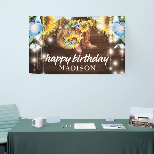 Rustieke Cowgirl Boots String Lights Verjaardag Spandoek (Beurs)