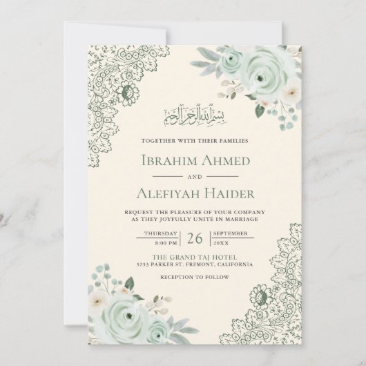 Rustieke Cream Sage Groene Bloemen Kant Moslim Bru Kaart (Voorkant)