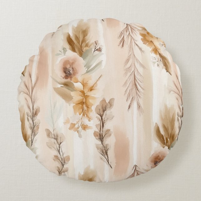 Rustieke Crème Boho Bloem Rond Kussen (Voorkant)