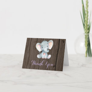 Rustieke Cute Olifant Baby Meisje Paars en Grijs Bedankkaart